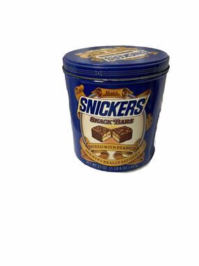 Vintage Snickers Snack Bars Mars Metal 1984 Tin Can Canisters Lid 6" Tall x 5.5"